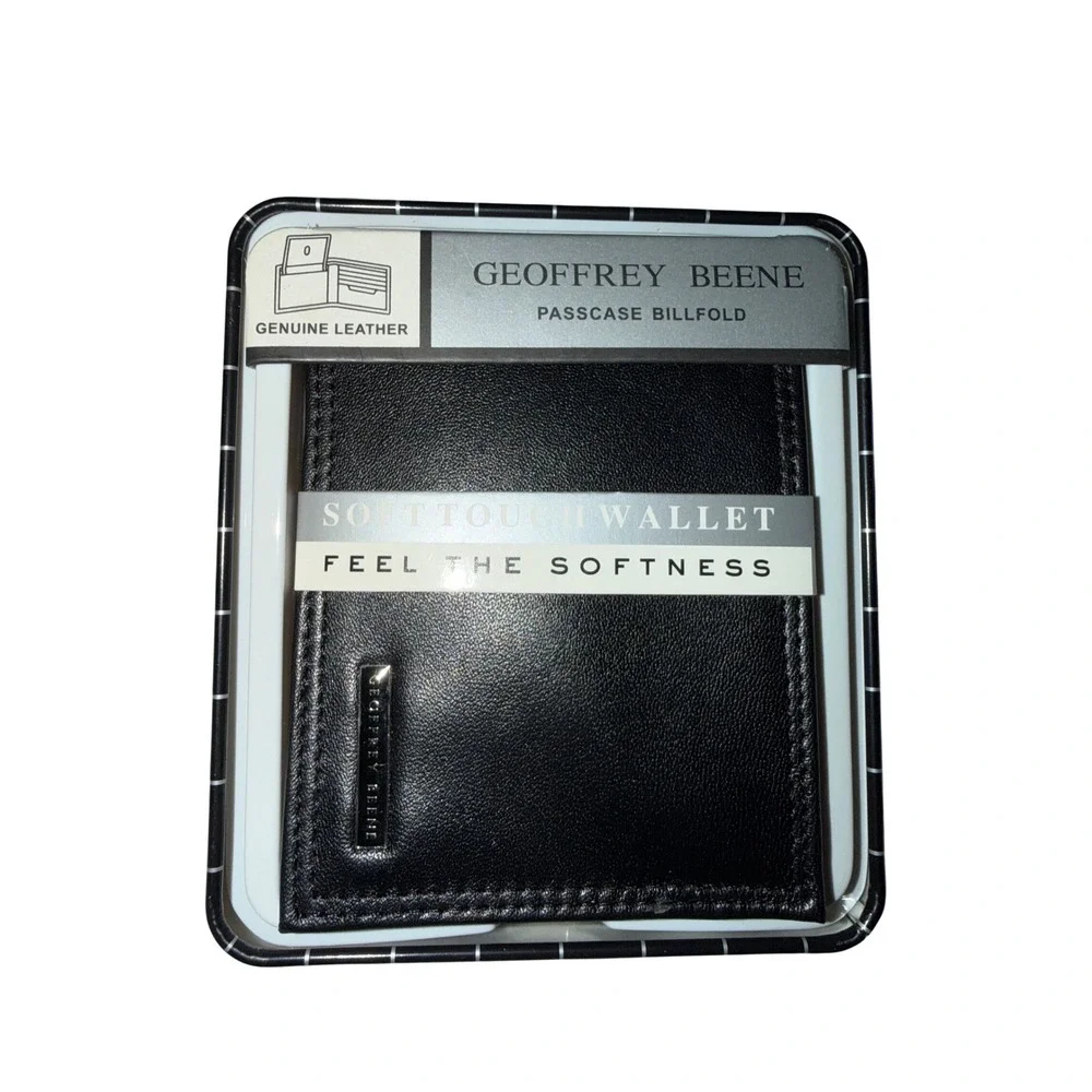 Geoffrey Beene Mens Black Genuine Leather Passcase Billfold Wallet with Gift Tin